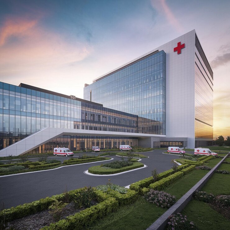 UltraModern Hospital Complex with Futuristic Design and Bold Red Cross