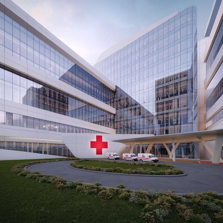 UltraModern Hospital Complex with Futuristic Design and Bold Red Cross