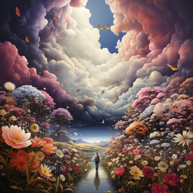 Umano che cammina su un sentiero attraverso nuvole e fiori color pastello cura di sé e concetto di speranza