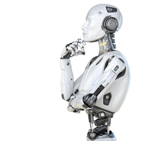 Umano come un robot in una postura pensierosa