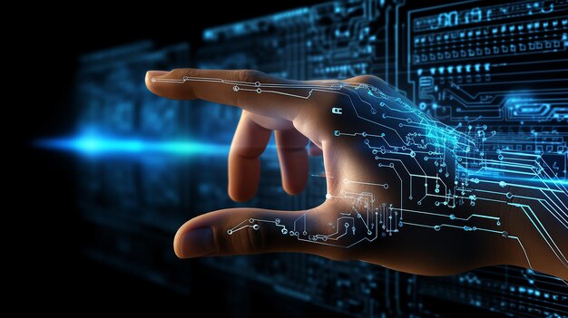 Umano con cinque dita in mano tocca lo schermo 3d con sfondo di tecnologia informatica ad alta tecnologia