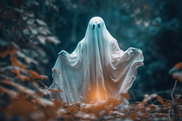 Umano in spettrale costume da fantasmi che vola all'interno della vecchia casa o foresta di notte Concetto di Halloween