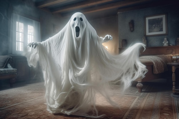 Umano in spettrale costume da fantasmi che vola all'interno della vecchia casa o foresta di notte Concetto di Halloween