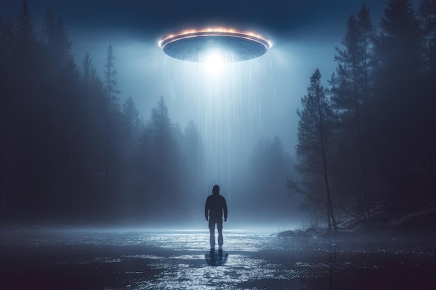 Umano incontra UFO che vola di notte luce bianca realistico