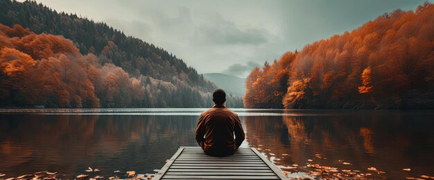 umano seduto su un lago ancorato e pensando all'autunno nello stile di arancione scuro e verde acqua