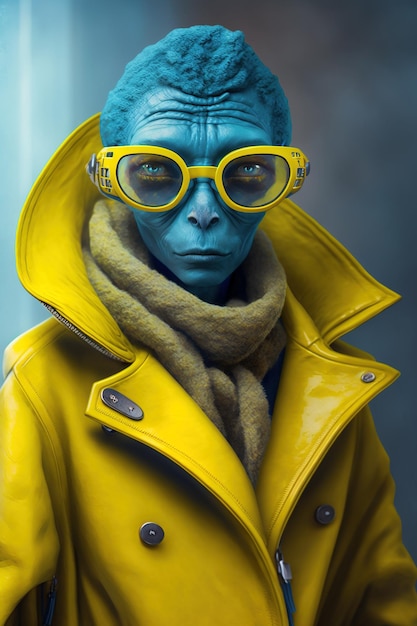 Umanoide alieno che indossa cappotto giallo alla moda e occhiali illustrazione AI generativa