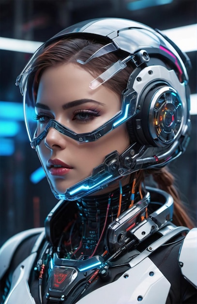Umanoide futuristico che indossa un'armatura bionica con uno stile cyberpunk luminoso al neon
