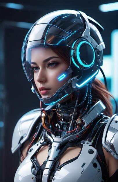 Umanoide futuristico che indossa un'armatura bionica con uno stile cyberpunk luminoso al neon