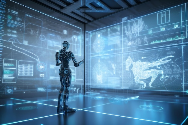 Umanoide robotico ai generativo che lavora in un ufficio futuristico