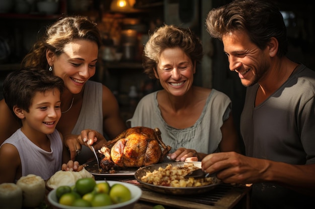 umile famiglia latina che mangia pollo