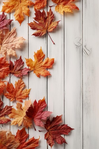 Umore autunnale del bel fogliame il fogliame si trova su un tavolo di legno bianco AI generativo