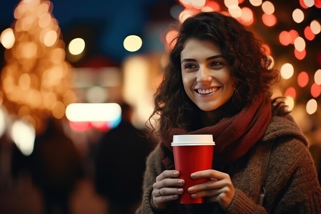 Umore natalizio Una giovane, allegra e bella donna caucasica beve caffè mentre cammina nel centro della città alla vigilia di Natale Luci natalizie festive sullo sfondo