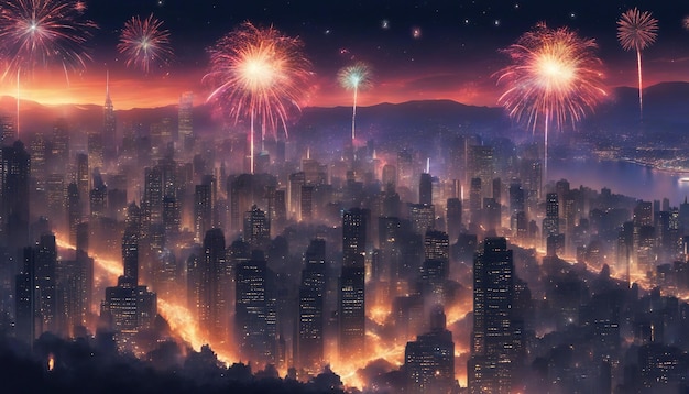 Un abbagliante spettacolo di fuochi d'artificio sopra uno skyline della città vibrante scena notturna ad alto dettaglio