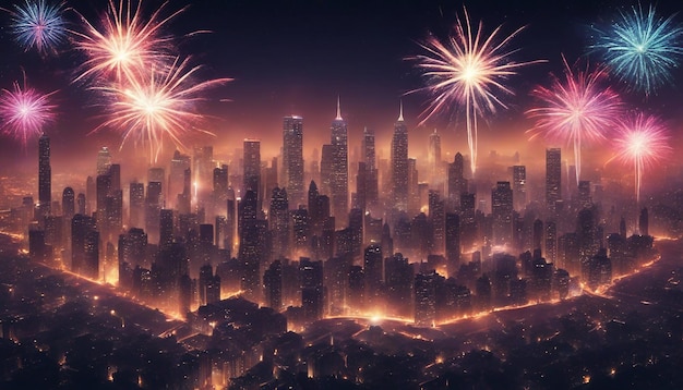 Un abbagliante spettacolo di fuochi d'artificio sopra uno skyline della città vibrante scena notturna ad alto dettaglio