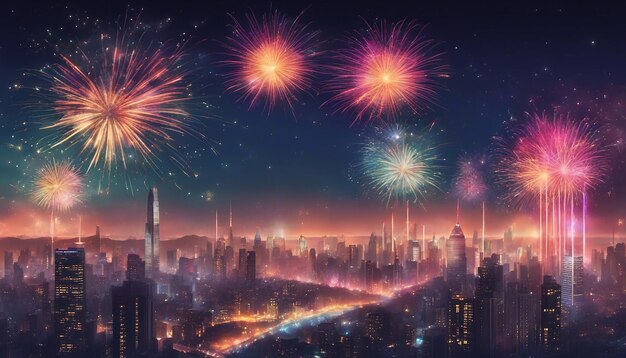 Un abbagliante spettacolo di fuochi d'artificio sopra uno skyline della città vibrante scena notturna ad alto dettaglio