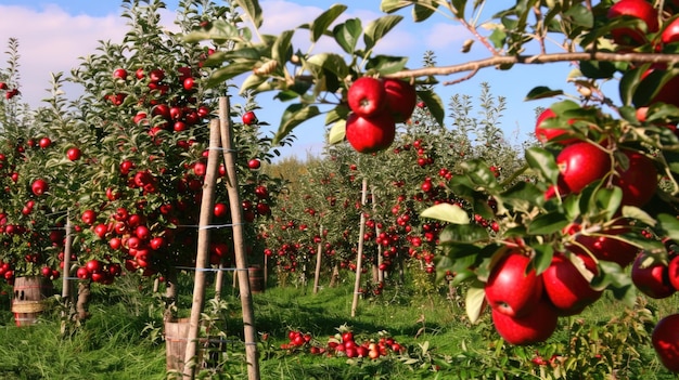 Un abbondante frutteto di mele in piena fioritura