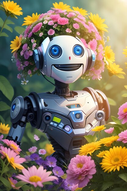 Un abbraccio floreale cattura il sorriso gioioso di un robot botanico Ai Generative