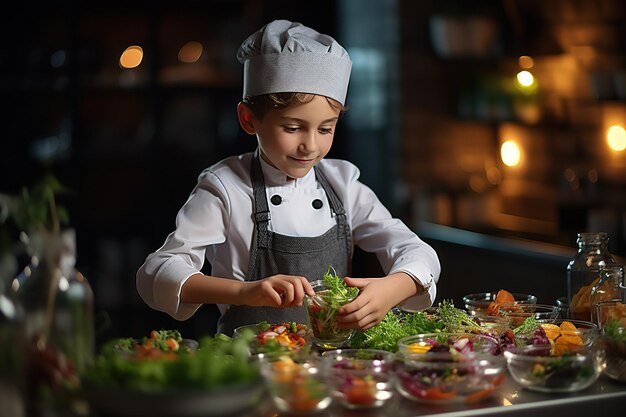 Un abile chef in cucina prepara con cura un piatto gourmet ai generativo