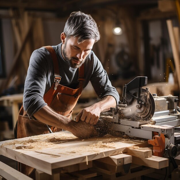 Un abile falegname caucasico impegnato nella lavorazione del legno