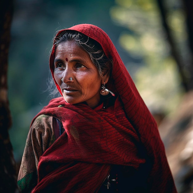 Un abitante di un villaggio indiano a un raduno nelle foreste dell'Himachal Pradesh generative ai