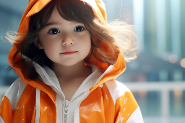 Un abito arancione e bianco adorna una bambina carina