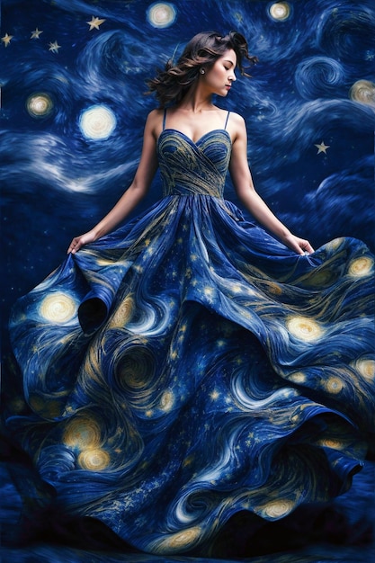 Un abito con un vorticoso motivo notturno stellato ispirato alle opere di Van Gogh