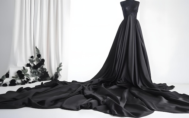 Un abito da sposa nero con un lungo strascico e un lungo strascico