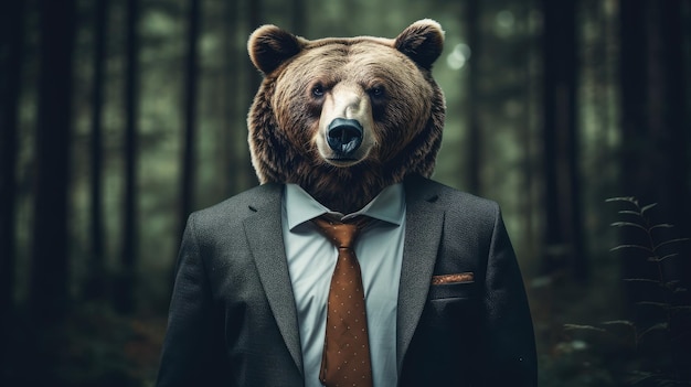 un abito da uomo d'affari con i lineamenti del volto di un orso