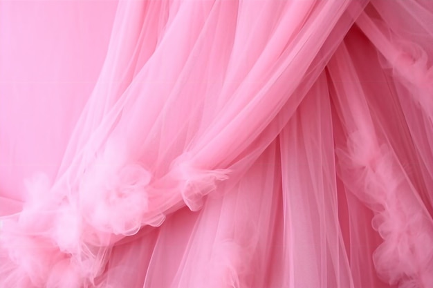 Un abito rosa con balze e volant sul fondo.