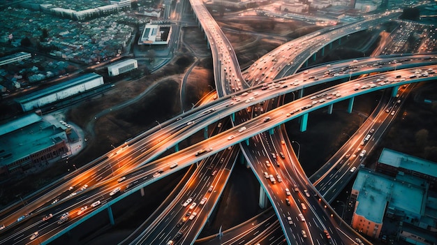 Un'accattivante immagine aerea di un'autostrada trafficata che evidenzia il flusso incessante e gli schemi dei trasporti moderni