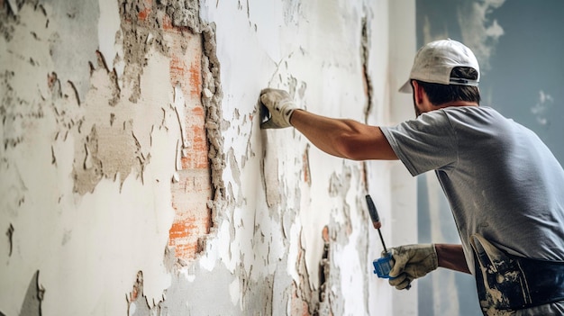 Un'accattivante inquadratura di un tuttofare che rattoppa un muro per riparare i danni