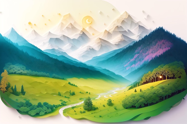 Un accattivante Papercut Montagne e paesaggio fluviale Un bellissimo paesaggio Papercut Illustrazione Papercut Generative AI