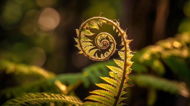 Un accattivante primo piano di una felce che si distende con grazia in mezzo alla luce del sole pezzata in una foresta estiva