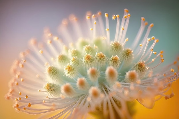 Un accattivante primo piano di uno stame di fiore caratterizzato da tenui toni pastello e uno sfondo astratto e sognante che ne enfatizza la bellezza naturale Generato dall'IA