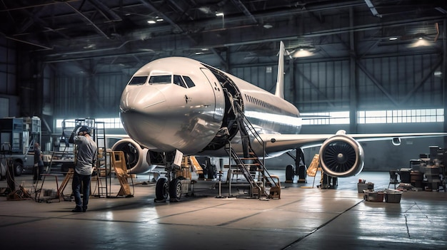 Un'accattivante ripresa aerea di un aereo passeggeri e del suo equipaggio di manutenzione che lavorano insieme in un hangar dell'aeroporto