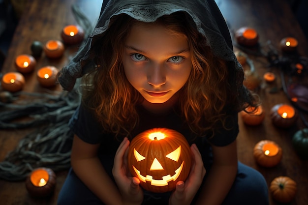 Un'accattivante vista dall'alto di una ragazza con lunghi occhi azzurri intensi che riceve una zucca di Halloween illuminata. Le candele tremolano sul terreno e lei indossa un cappello nero