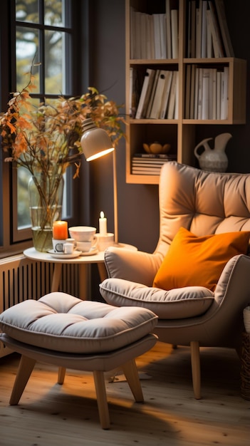 Un accogliente angolo di lettura con una comoda sedia ottomana e un tavolo laterale con libri di lampade e tè