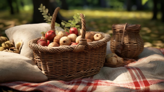 Un'accogliente area picnic con caldarroste e mele in un cestino intrecciato