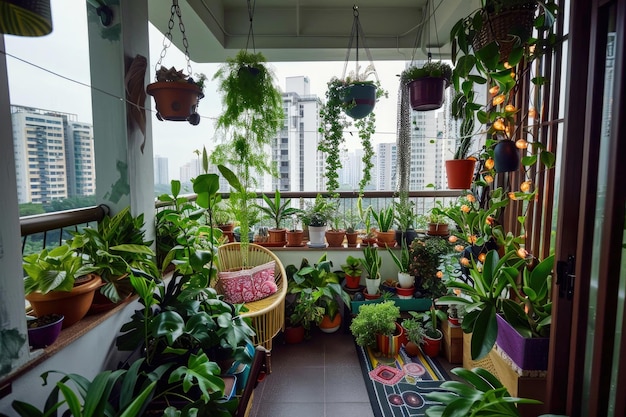 Un accogliente balcone trasformato in un'oasi verde lussureggiante