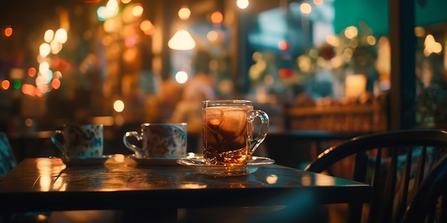 Un'accogliente caffetteria con un caldo bagliore ambientale, luci soffuse che creano un bellissimo bokeh sullo sfondo