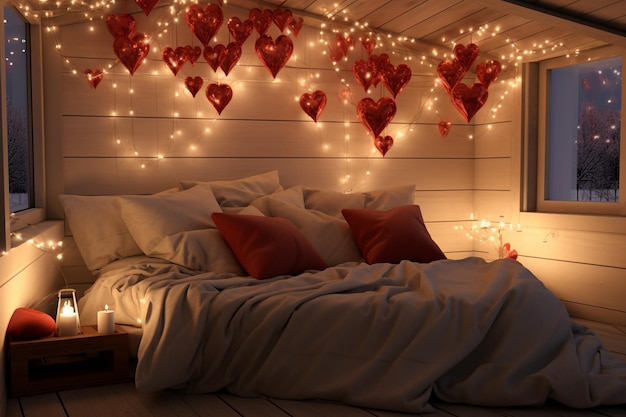 Un'accogliente camera da letto adornata dal cuscino rosso a forma di cuore 00091 01