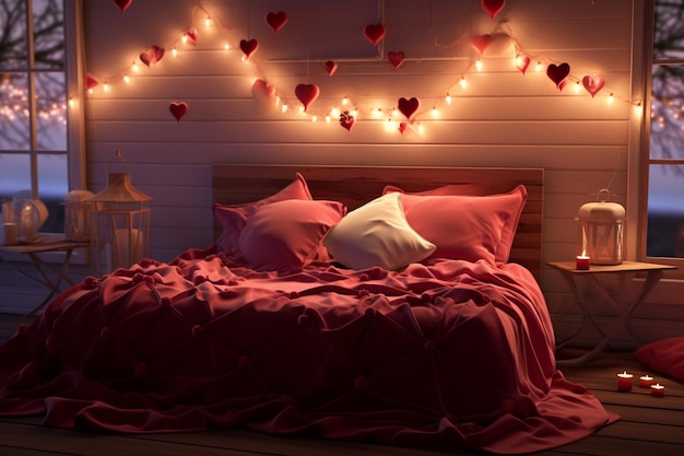 Un'accogliente camera da letto decorata con il cuscino rosso a forma di cuore 00090 00