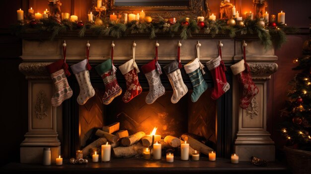 Un accogliente caminetto adornato con calze di Natale