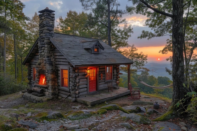 Un'accogliente capanna nel bosco con un fuoco caldo e una vista sulle montagne