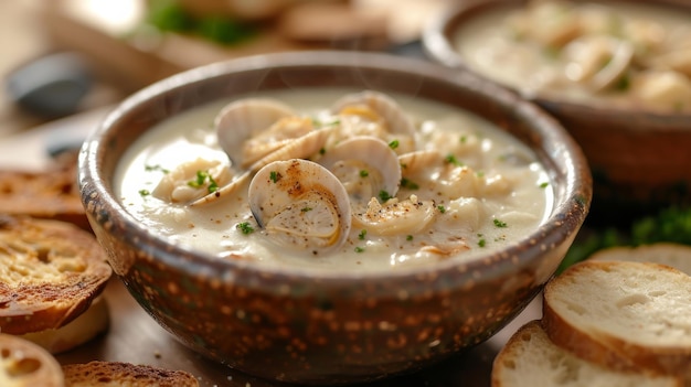 Un'accogliente ciotola di zuppa di vongole cremosa e ricca di molluschi dolci e grassi