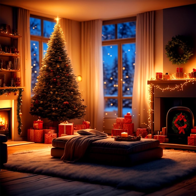 Un accogliente interno di Natale di notte Luce di Natale Cinematografica Morbida Luce liscia Stile di rendering 3D