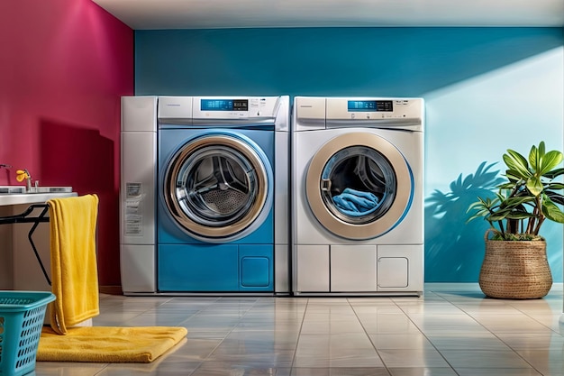 Un'accogliente lavanderia moderna in un appartamento privato con lavatrici moderne e una sensazione di calore