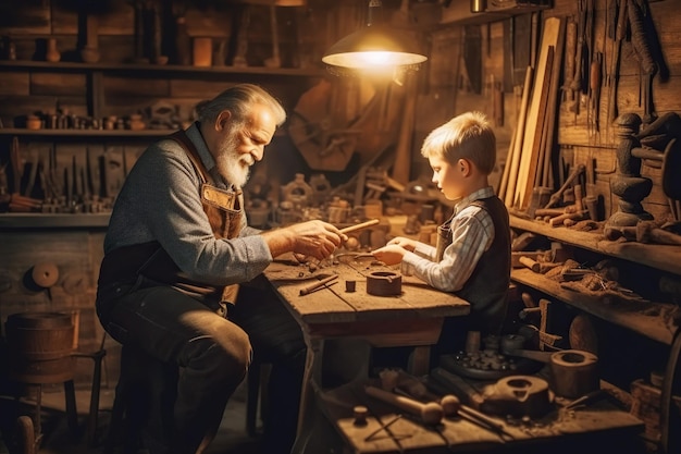 Un'accogliente officina è l'ambientazione in cui un nonno e un nipote si legano alla lavorazione del legno creando qualcosa di bello insieme AI generativa