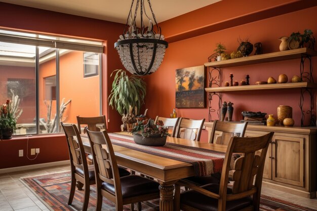 Un'accogliente sala da pranzo del sud-ovest con toni caldi del deserto e disegni dei nativi americani
