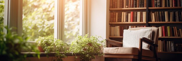 Un'accogliente sala lettura con poltrona e libreria e un'ampia finestra AI generativa